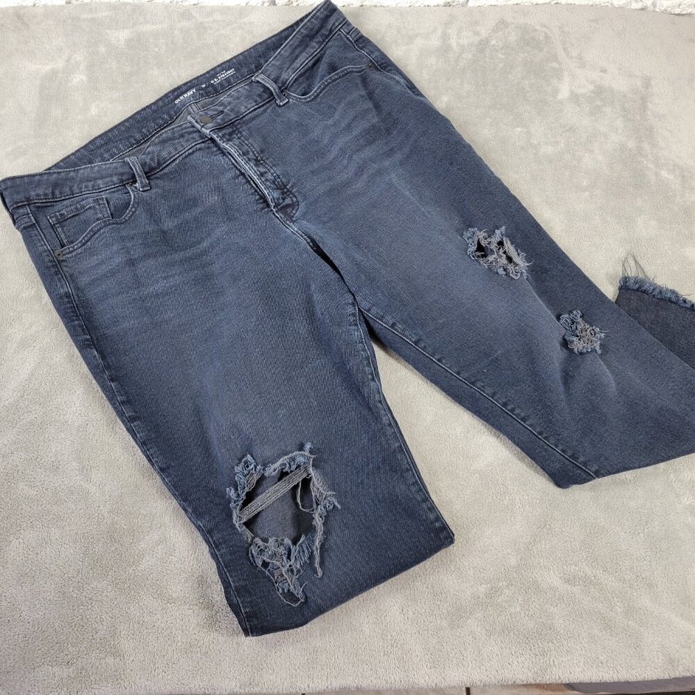 Old Navy Women Jeans 18W Plus Blue Dark Wash Cropped Raw Hem Elastic Waist SL67E